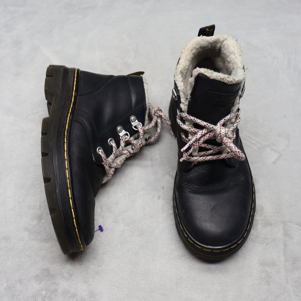 Dr. Martens Womens 7 Boots Black Bonny Leather Faux Fur Lined Combat Chunky Warm